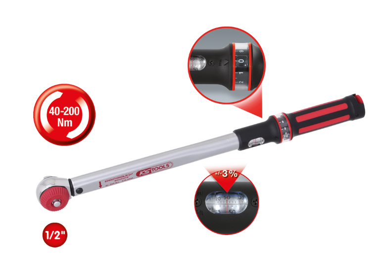 Динамометрический ключ ERGOTORQUE®precision 1/2" 40-200 Нм с быстрозажимной съемной трещоточной головкой и поворотной ручкой